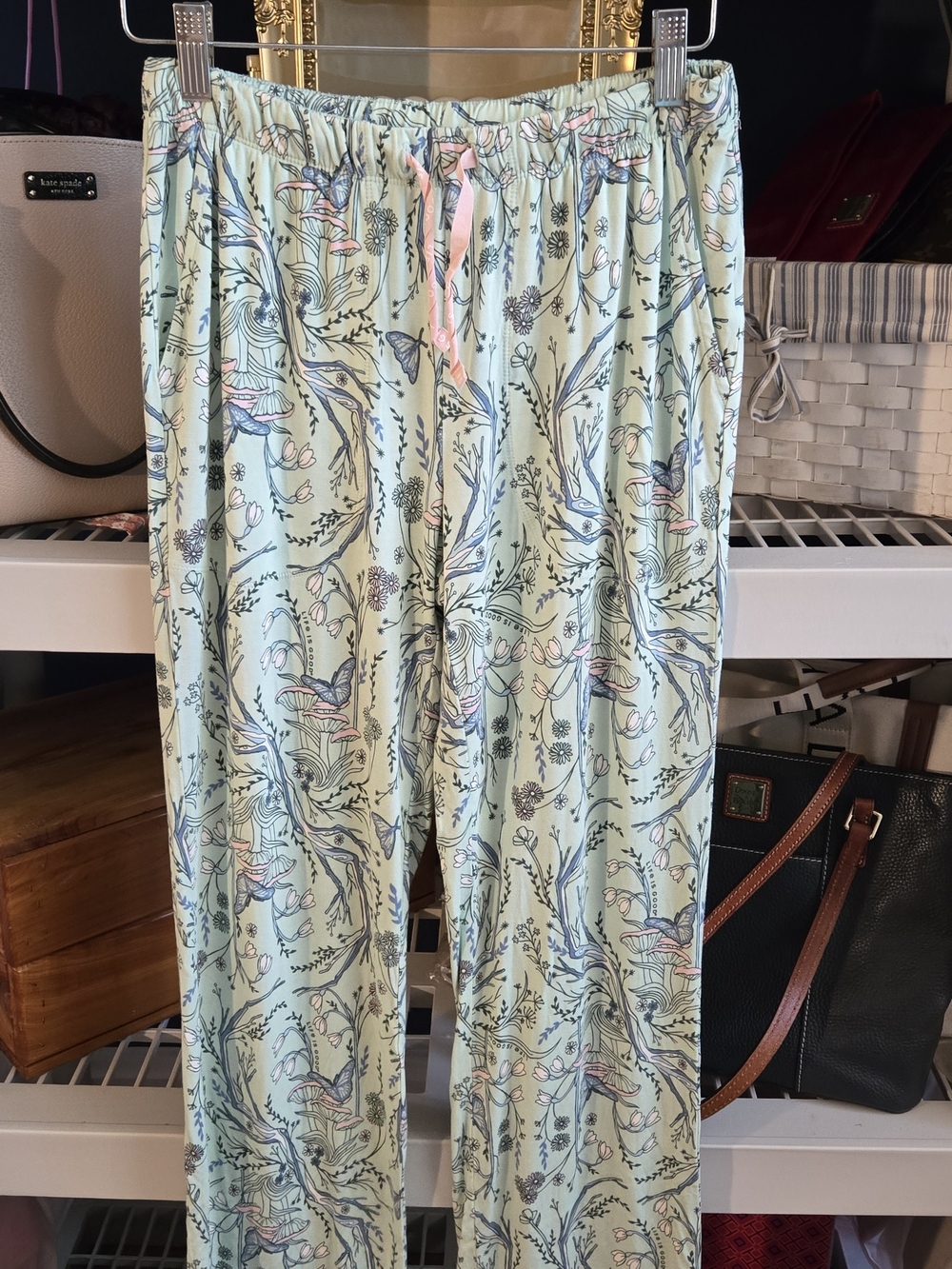 Light Mint Floral Lounge Pants with Pink Drawstring